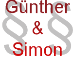 Textbild mit „Günther & Simon“ in Rot, umrahmt von zwei grauen Paragrafen-Symbolen.