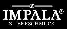 Logo von Impala Silberschmuck, weißer Text auf schwarzem Hintergrund, mit Diamantgrafik.