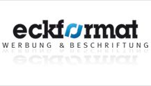 Logo mit Text: "eckformat Werbung & Beschriftung". Buchstaben "ckfo" sind schwarz, "rmat" blau.