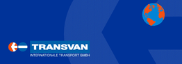 Logo von Transvan Internationale Transport GmbH auf blauem Hintergrund, Globus rechts oben.