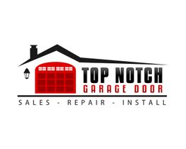 Logo of "Top Notch Garage Door" with a red garage icon and services: Sales, Repair, Install.