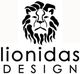 Schwarz-weißes Logo mit stilisiertem Löwenkopf und Text: "lionidas DESIGN".