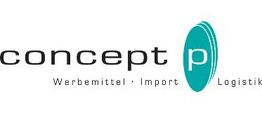 Logo mit Text "concept p" und den Untertiteln "Werbemittel · Import · Logistik".