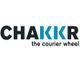 Logo mit Schriftzug „CHAKKR, the courier wheel“ in Schwarz und Blau auf weißem Hintergrund.