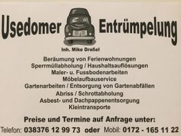Anzeigenwerbung für "Usedomer Entrümpelung" mit Dienstleistungen und Kontaktinformationen.