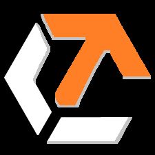 Logo astratto con freccia arancione e forma esagonale bianca su sfondo nero.