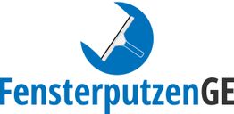 Logo mit einem Abzieher und dem Text "FensterputzenGE" in blauer und schwarzer Schrift.