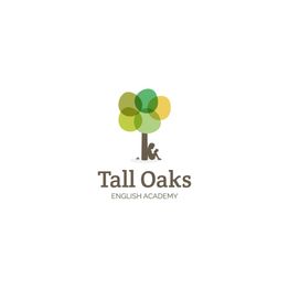 Logo de Tall Oaks English Academy con un árbol verde y un perro debajo.