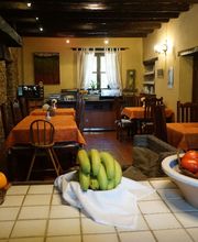 Comedor rústico con mesas naranjas, frutas en la barra y ambiente cálido.