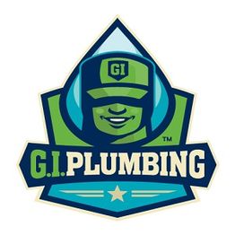 G.I. Plumbing logo featuring a stylized soldier's face within a blue and green emblem.