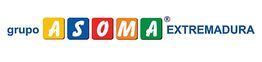 Logo de "grupo ASOMA EXTREMADURA" con letras en cuadros de colores.