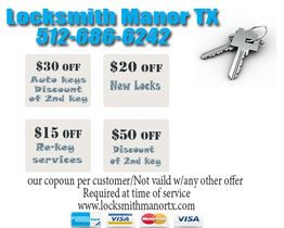 Locksmith Manor TX offers discounts on keys, new locks, and re-key services. Call for details.