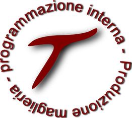 Logo rotondo con testo “programmazione interna - Produzione maglieria” e simbolo rosso centrale.