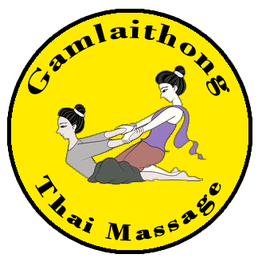 Logo einer Thai-Massage mit zwei Personen in Yoga-Position auf gelbem Hintergrund.