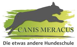 Silhouette eines springenden Hundes, Text: "Canis Meracus, Die etwas andere Hundeschule".