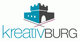 Logo mit einer stilisierten Burg und dem Wort "kreativBURG" in blauer und grauer Schrift.