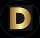 Lettre D dorée sur fond noir, cerclée de bleu.