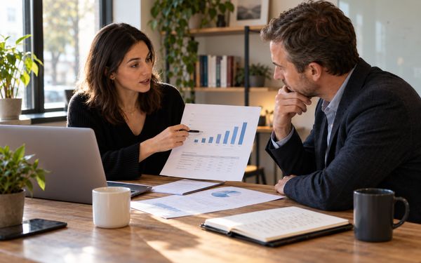 Gründerin bespricht mit einem Investor Finanzzahlen und Wachstumsprognosen anhand von Diagrammen und Unterlagen.