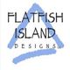 Logo with text: "Flatfish Island Designs LLC" and blue lines forming a triangular shape.