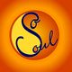 Logo mit gelborangem Kreis und blauem Schriftzug „Soul“ vor orangefarbenem Hintergrund.