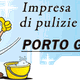 Operatore sorridente con attrezzi per pulizia, logo "Impresa di pulizie PORTO GIORGIO".