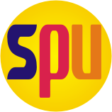 Kreisförmiges Logo: Blaue, rote und orangefarbene Buchstaben auf gelbem Hintergrund.