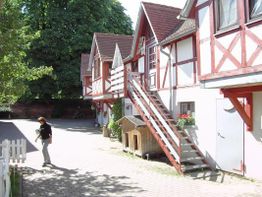 Mann mit Hund vor Fachwerkhäusern und Holztreppe, umgeben von Bäumen und sonnigem Hof.