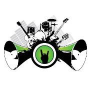 Musikinstrumente und Lautsprecher mit Rocker-Handzeichen in der Mitte, schwarz-grün gestaltet.