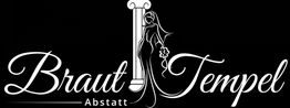 Braut Tempel Logo mit Braut-Silhouette und Säule auf schwarzem Hintergrund.