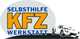 Logo mit Aufschrift "Selbsthilfe KFZ Werkstatt" und Autoabbildung.
