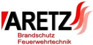 Logo von Aretz mit Text "Brandschutz Feuerwehrtechnik" und roten Flammenlinien rechts.