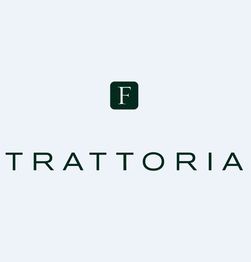 Logotipo com a letra "F" em caixa verde e a palavra "Trattoria" em preto sobre fundo cinza claro.