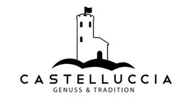 Schwarz-weißes Logo von Castelluccia mit Burg und Schriftzug "Genuss & Tradition".