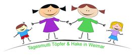 Zeichnung von vier lachenden Kindern mit Text: "Tagesmutti Töpfer & Hake in Weimar".