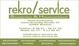 Visitenkarte von rekro/service: Bauservice und Hausmeisterei, Kontaktdaten und angebotene Dienste.