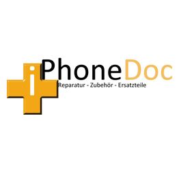 Logo mit gelbem Kreuz und Text "PhoneDoc: Reparatur - Zubehör - Ersatzteile".