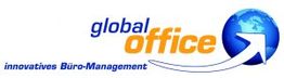Logo mit "global office", Weltkugel und Pfeil, Text: "innovatives Büro-Management".