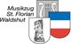 Logo des Musikzugs St. Florian Waldshut mit drei Wappen und einer Harfe.