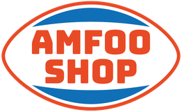 Ovales Logo mit dem Text "AMFOO SHOP" in Orange, umgeben von blauem Rand auf weißem Hintergrund.