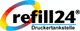 Logo von "refill24", bunte Ellipse um Text "Druckertankstelle".