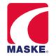 Rotes Logo mit weißem Bogen und dem Text "MASKE" in blauer Schrift darunter.