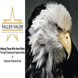 Close-up of a bald eagle with Fallen Valor logo and mission statement on the left side.