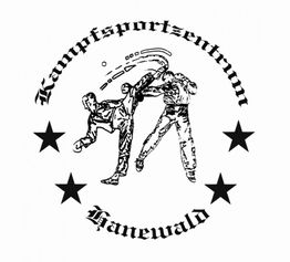 Zwei sich bekämpfende Figuren, umgeben von "Kampfsportzentrum Hanewald" und vier Sternen.