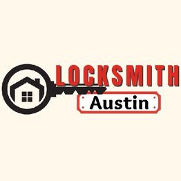 Logo with key shape, house icon. Text reads "Locksmith Austin" in red and black.