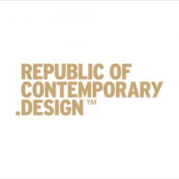 Text: "REPUBLIC OF CONTEMPORARY .DESIGN" in goldener Schrift auf weißem Hintergrund.