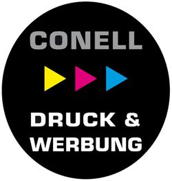 Schwarzes Logo mit "CONELL", drei Pfeilen in Gelb, Pink, Blau und "DRUCK & WERBUNG".