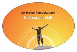 Mensch auf Hügel vor Sonnenstrahlen mit Text: "Wir bieten Perspektiven! Kellermann GbR".