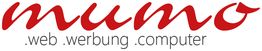 Roter, kursiver Schriftzug "mumo" mit den Worten "web, werbung, computer" darunter.
