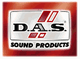 D.A.S. Sound Products Logo auf rotem Hintergrund mit weißen und roten Streifen.