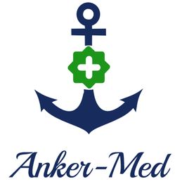 Logo mit blauem Anker, grünem medizinischem Kreuz und Schriftzug "Anker-Med".